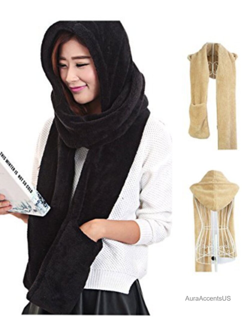 3-in-1 Hooded Scarf with Pockets Hat Scarf Gloves Set Warm Coral Velvet